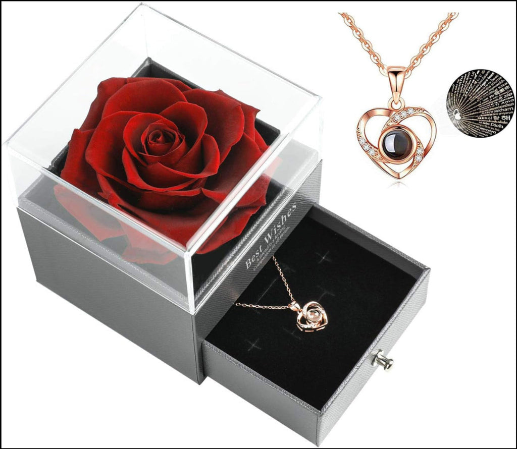 Luxury Rose with Heart Necklace and I Love You in 100 Languages Set